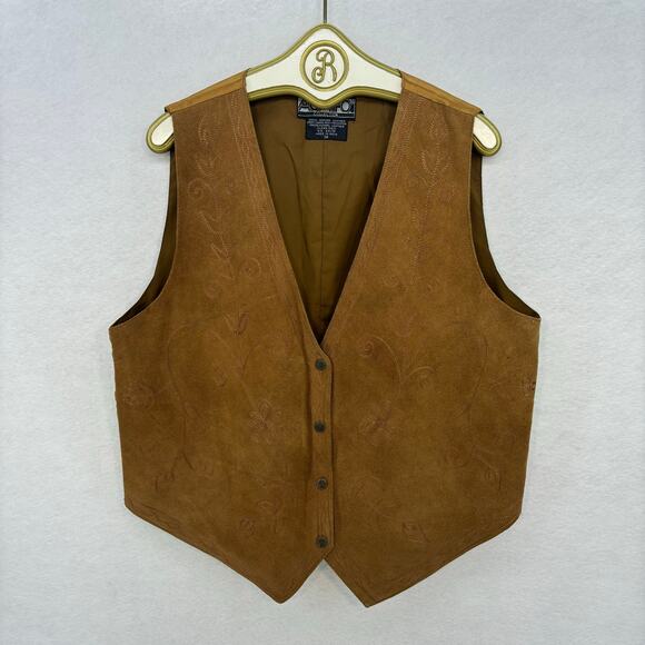 Agapo Vintage Leather Vest Women's 1X Brown Button Down Embroidered Western Boho - Picture 1 of 10